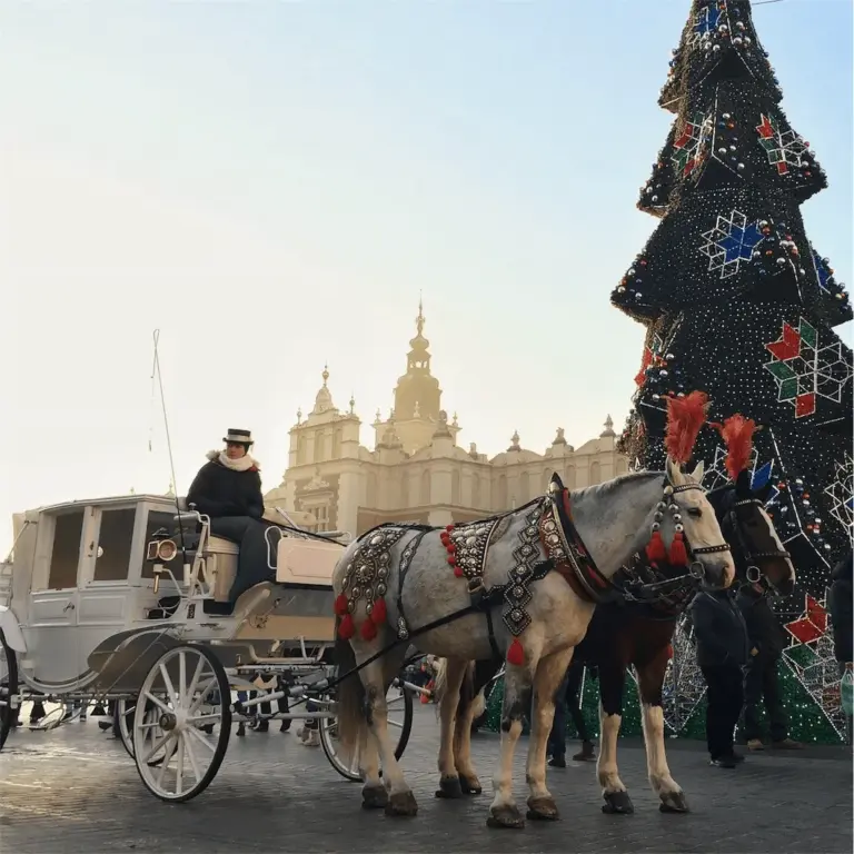 Horse carriage in front of a christmas tree in Krakow, Poland.