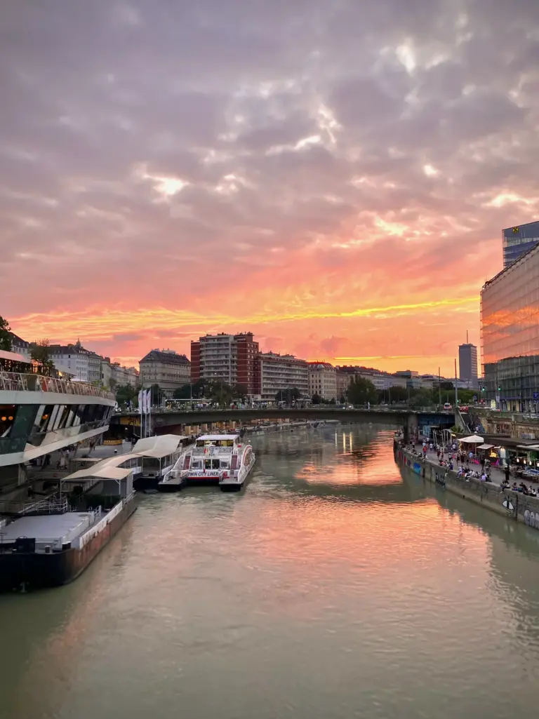 Sunset over Danube River in Vienna.