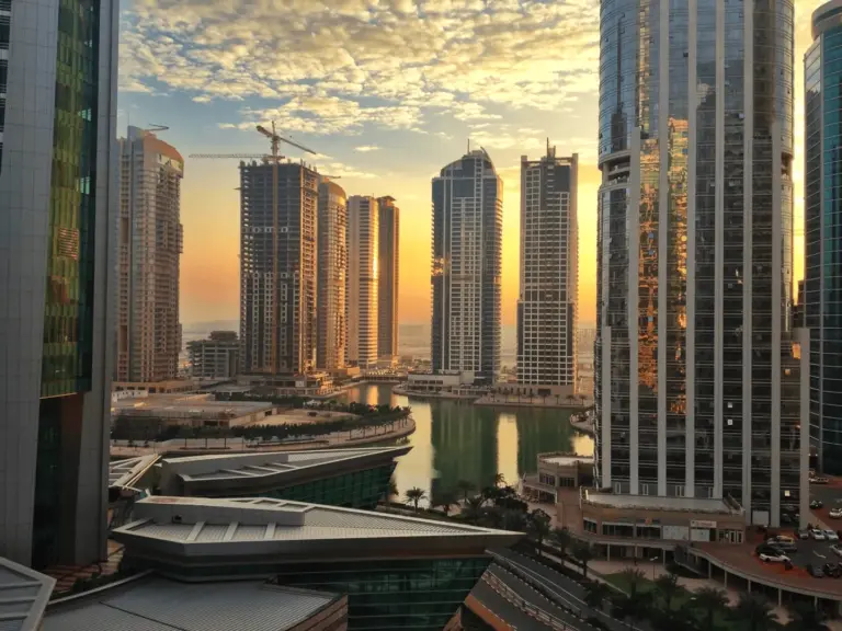 Sunset over Jumeirah Lake Towers, Dubai.