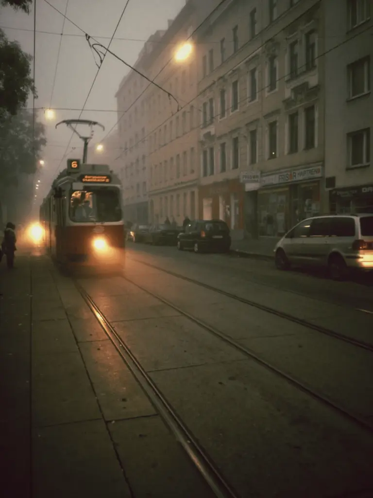 Vienna streetcar Line 6 travels through a foggy city street.